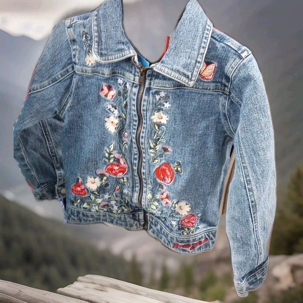 Vintage Y2K GUESS jeans Denim Embroidered Jacket Girls 5 Floral‎ EUC